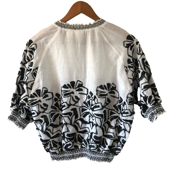 Linen Embroidered Black and White Short Sleeve Jacket zip front size medium - Picture 9 of 14